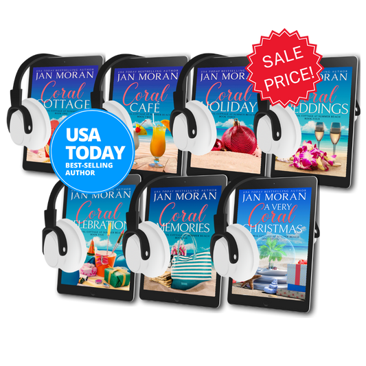 A collection of audiobook covers for the complete 7-book Coral Cottage Series by USA Today bestselling author Jan Moran, featuring scenic beachside settings with prominent Coral Cottage branding and a 'sale price' tag.