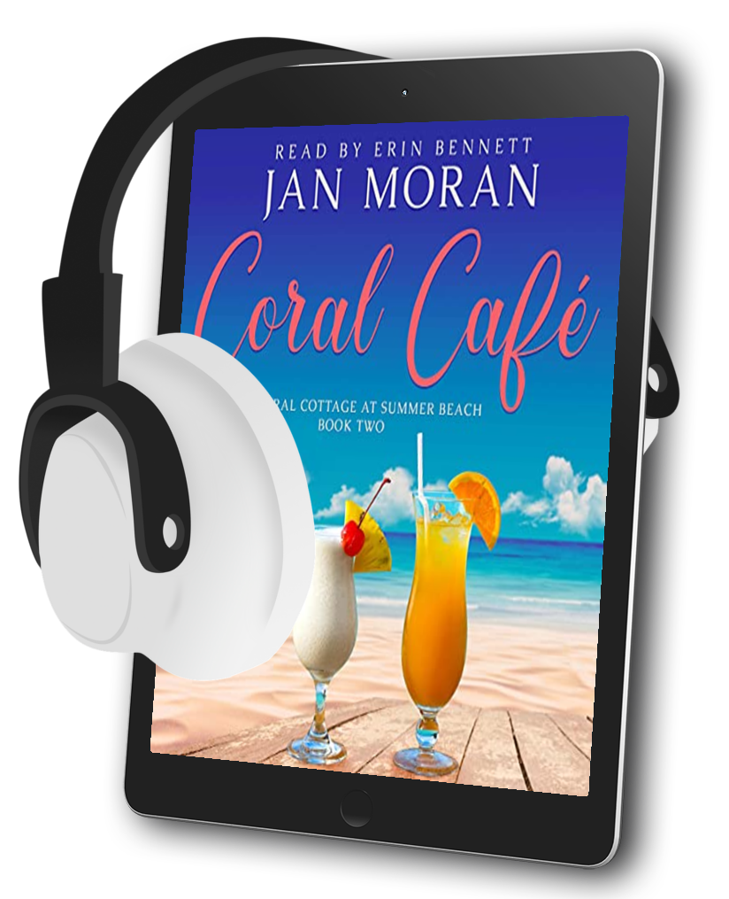 Coral Cafe Audiobook by Jan Moran, narrated by Erin Bennett,Clean, Wholesome, Women's Fiction, small town, Jan Moran, beach reads, clean, wholesome, clean romance, beach reads ebook, beach reads paperback, Mary Kay Andrews, Debbie Macomber, dating, beach saga, summer read, vacation, women, dating, love, romance, romantic, chick lit, fun, womens fiction, beach, holiday, friendship, relationships, California, Elin Hilderbrand, Mary Alice Monroe